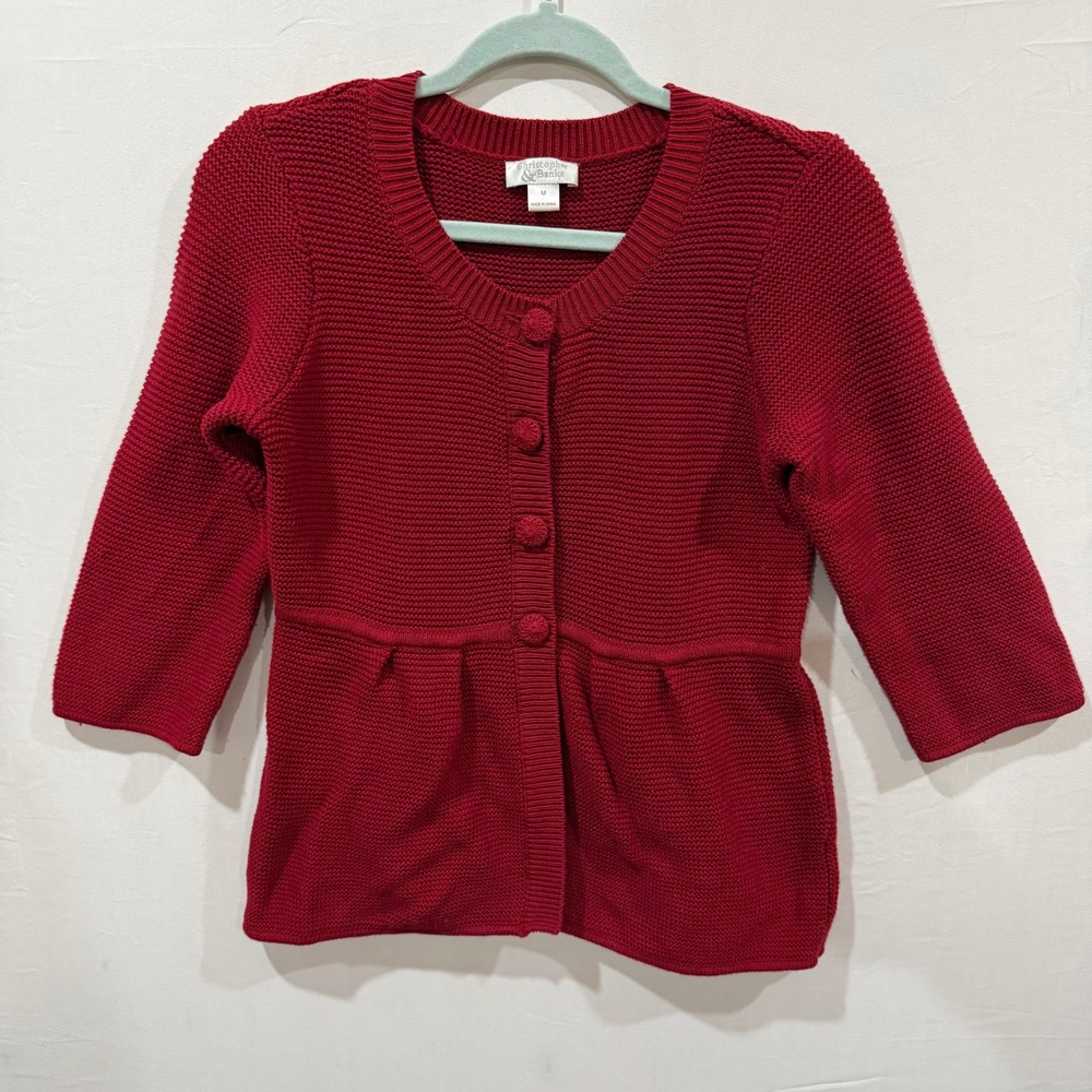 Christopher & Banks Red Cotton Textured Knit Peplum Cardigan Sweater Womens M